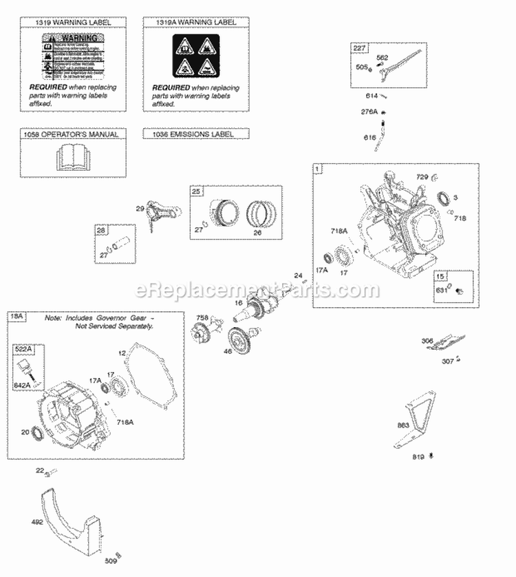 Camshaft Crankcase Cover Crankshaft Cylinder Exhaust Bracket OperatorS Manual PistonRingsConnecting Rod Warning Label Diagram and Parts List for 250035-0110-B1  Briggs and Stratton Engine